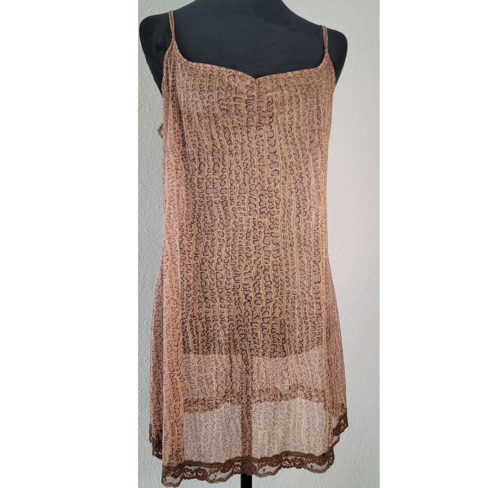 Vintage Victoria's Secret Sheer Shift Dress Tan Brown Giraffe Print Lace Trim L